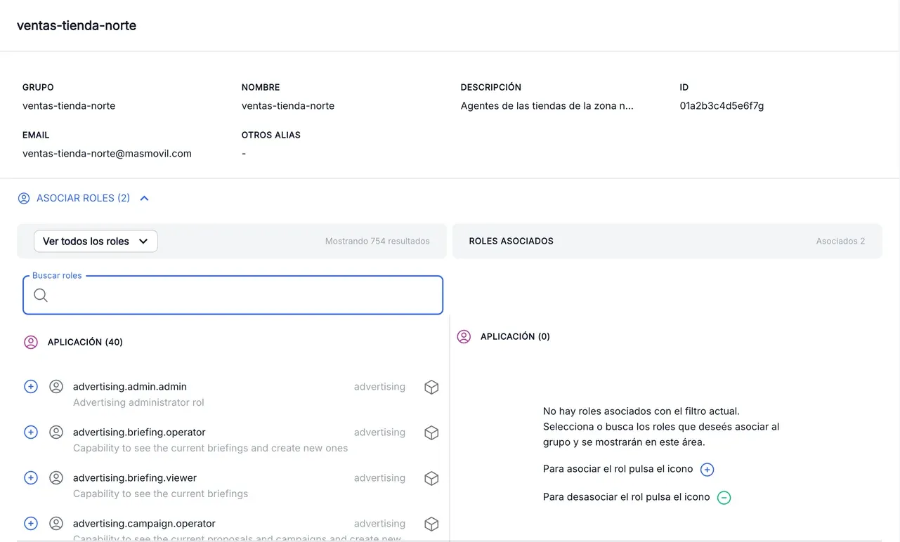 Role assignment screen of a group