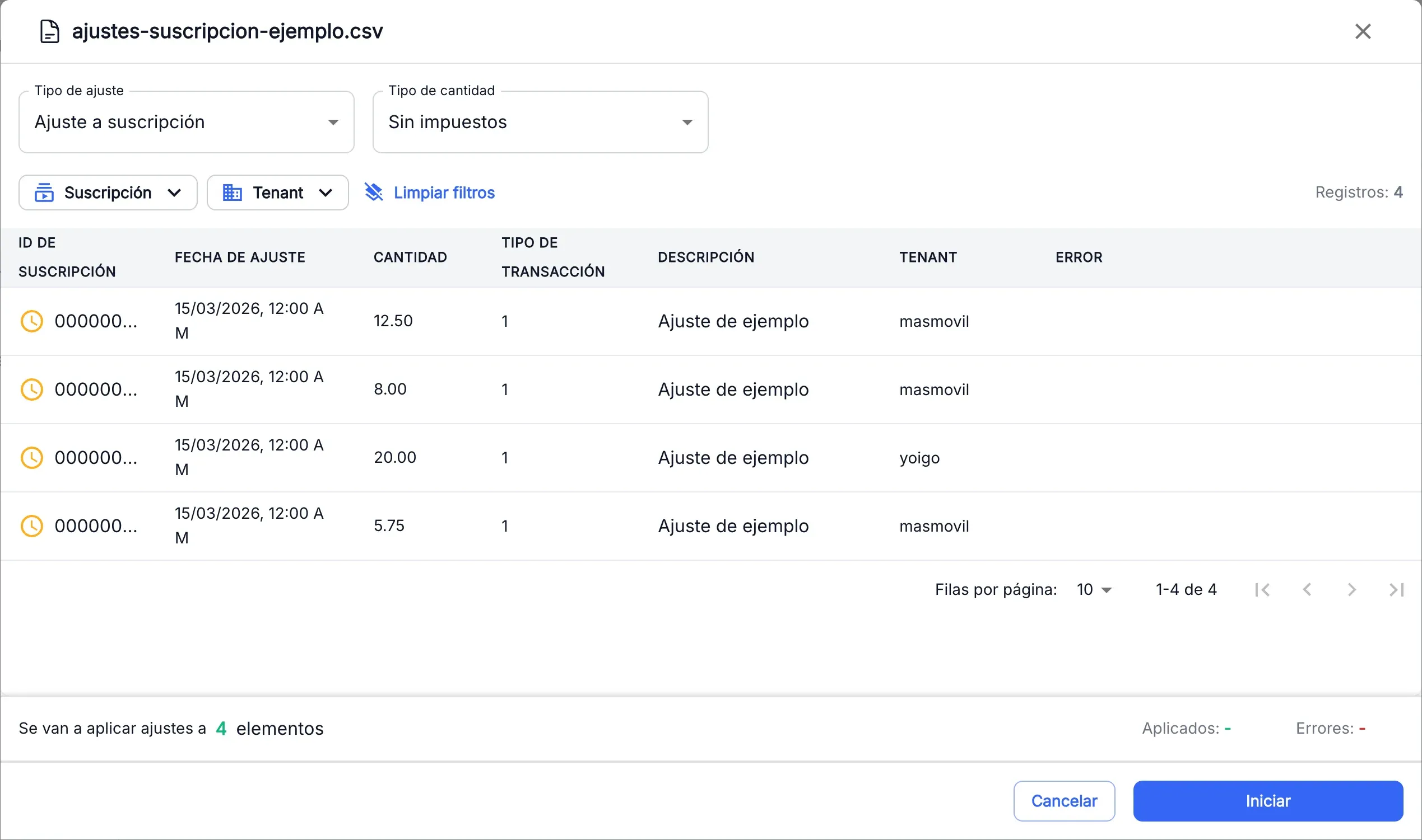 Window of a subscription adjustments file, ready to start
